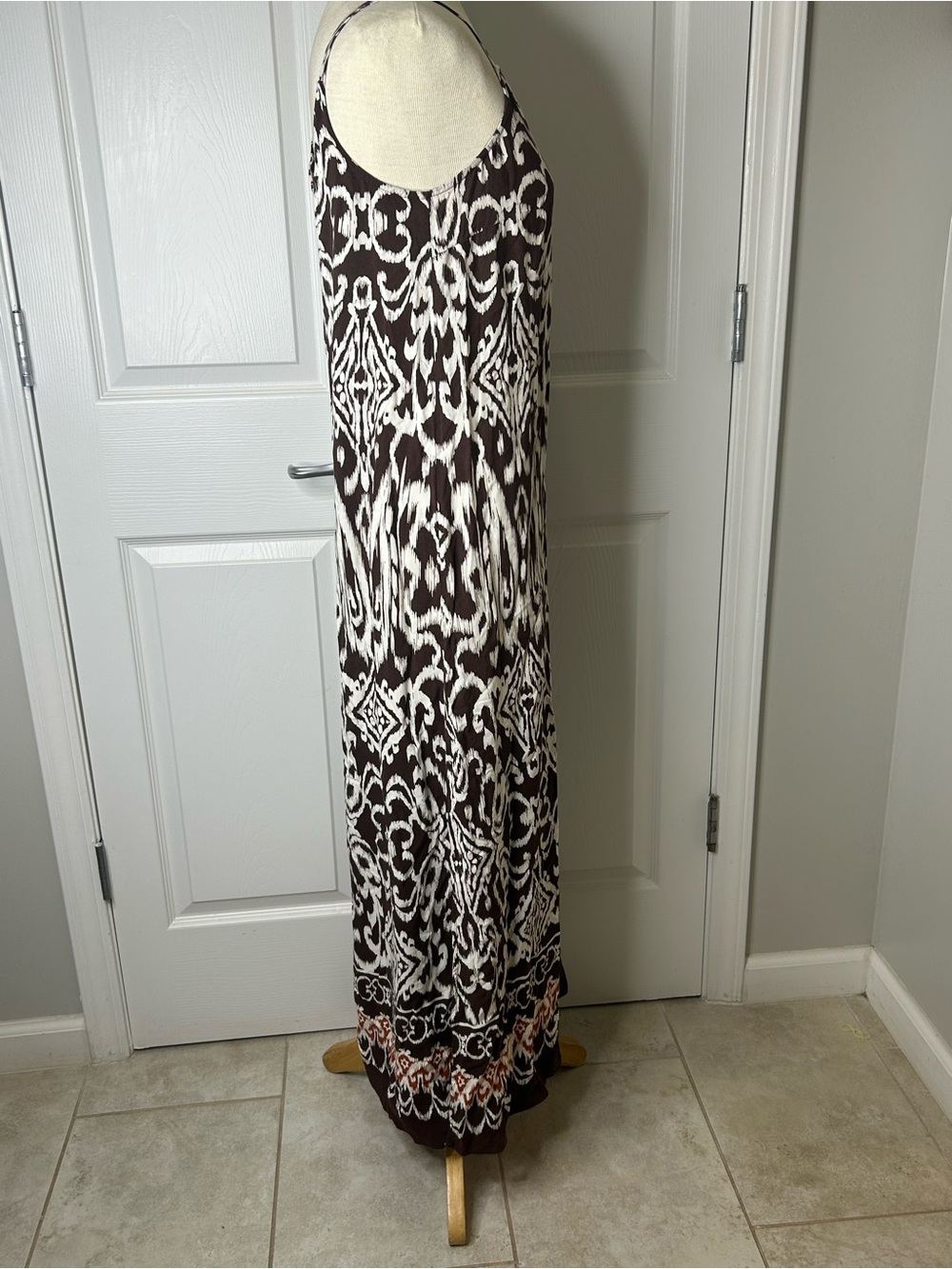 MSK Vestido Maxi Estampado Marrón Blanco Rayon Talla S - Picture 4 of 11